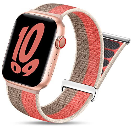 youmaofa Nylon Sport Loop Kompatibel mit Apple Watch Armband 38mm 40mm 41mm, Geflochtenes Verstellbares Solo Loop Ersatzarmband für iWatch SE/Series 8 7 6 5 4 3 2 1, Pink Pomelo/Mandel von youmaofa