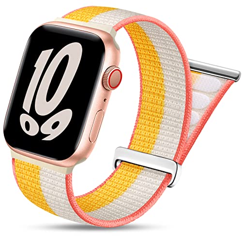 youmaofa Nylon Sport Loop Kompatibel mit Apple Watch Armband 42mm 44mm 45mm 49mm, Geflochtenes Verstellbares Solo Loop Ersatzarmband für iWatch SE/Series 8 7 6 5 4 3 2 1, Indischgelb/Weiß von youmaofa