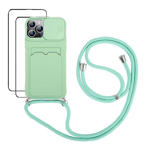 youmehe Case mit Slide Camera Umhängen Schutzhülle für iPhone 13 Pro (6.1), schlanke stilvolle Schutzhülle,Kordel zum Weich Silikon Handyhülle mit,mit 2 Stück Panzerglas-（Grün） von youmehe