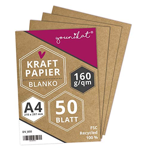 160 g/m² Recycling Design-Kraftpapier I DIN A4 I 50er Set I in Blanko zum selbst-gestalten I DIY I Briefpapier Briefbögen Geschäftsausstattung I Vielseitig zum schreiben malen I dv850 von younikat