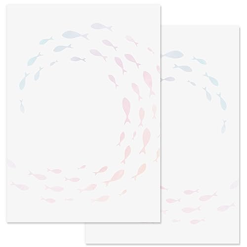 Briefpapier 25 Blatt mit bunten Fischen I DIN A4 I doppelseitiges Motiv I zum bedrucken und beschreiben I für Kommunion Konfirmation Firmung Taufe I Einladungen I dv1202 von younikat