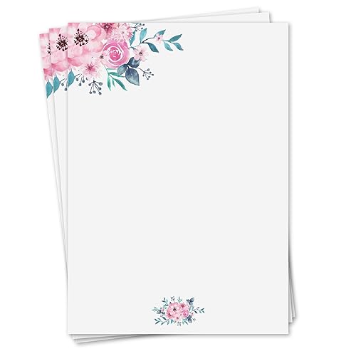 Briefpapier Set Aquarell-Blumen Rose I 50 Blatt 90 g/m² DIN A4 I stilvolles Schreibpapier vielseitig verwendbar grün rosa I Geburtstag Urkunde Speisekarte I dv_427 von younikat