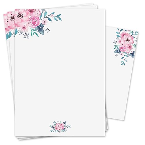 Briefpapier Set Aquarell-Blumen Rose mit Umschlägen I 50 Blatt 90 g/m² DIN A4 I stilvolles Schreibpapier vielseitig verwendbar grün rosa I Geburtstag Urkunde Speisekarte I dv_470 von younikat