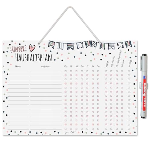Haushaltsplan zum Aufhängen I Konfetti Design I mit Aufhängung, Stifthalter und Stift I DIN A4 I Whiteboard Putzplan abwischbar I To-Do-Liste für den Haushalt Familie WG I dv933 von younikat