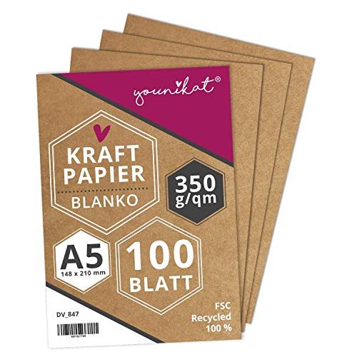 Kraftpapier DIN A5 I 350 g/m² starkes Recycling Designpapier I 100er Set I in Blanko zum selbst-gestalten DIY I zum schreiben malen I dv_847 von younikat