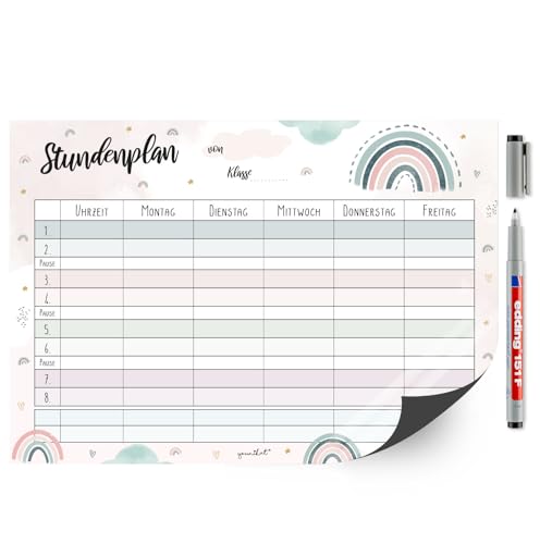 younikat Stundenplan magnetisch abwischbar I Regenbogen-Motiv I inkl. Stift I wiederbeschreibbar I Einschulung I dv1103 von younikat