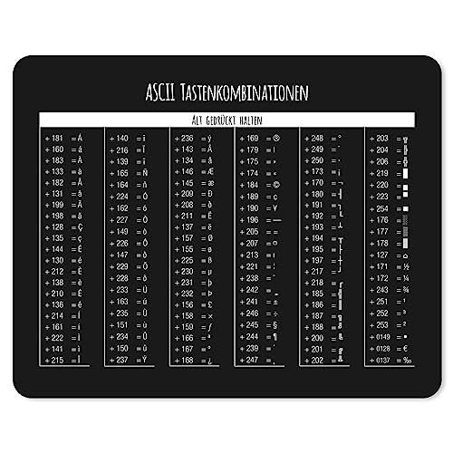 Mauspad mit ASCII Code Tabelle I Tastenkombinationen I 24 x 19 cm I Mousepad in Standargröße, rutschfest I Tastenkürzel Übersicht Shortcuts I dv829 Mauspad mit ASCII Code Tabelle I Tastenkombinationen I 24 x 19 cm I Mousepad in Standargröße, rutschfest I Tastenkürzel Übersicht Shortcuts I dv829 von younikat