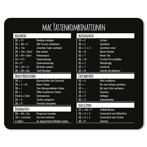 Mauspad mit MAC Tastenkombinationen I 24 x 19 cm I Mousepad in Standargröße, rutschfest I Tastenkürzel Übersicht Shortcuts I dv675 von younikat