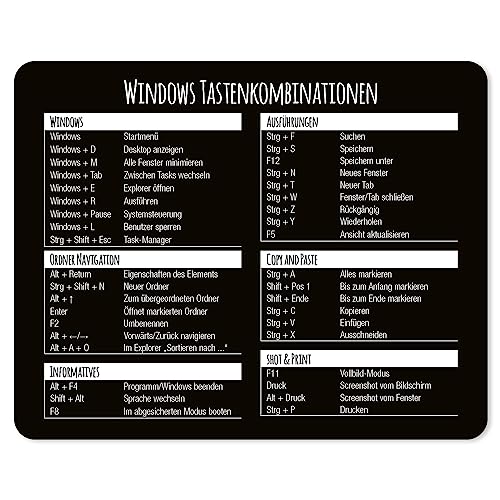 Mauspad mit Windows Tastenkombinationen I 24 x 19 cm I Mousepad in Standardgröße, rutschfest I Tastenkürzel Übersicht Shortcuts I dv702 von younikat