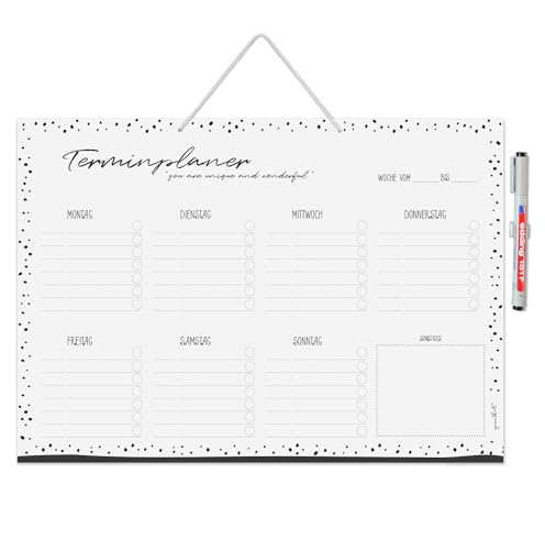 Terminplaner Dots zum Aufhängen I DIN A3 29,7 x 42 cm I Whiteboard schwarz weiß gepunktet I Wochenplaner Aufgabenplaner Wochentage I abwischbar wiederbeschreibbar I dv1274 von younikat