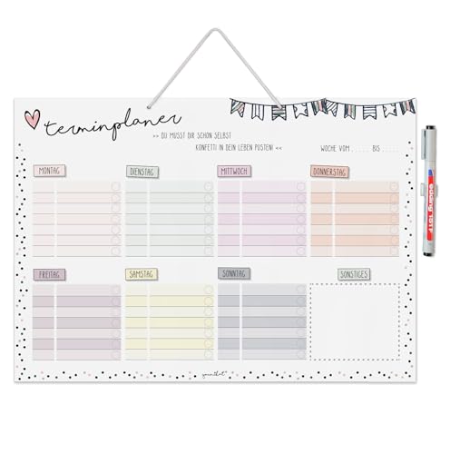 Terminplaner zum Aufhängen Konfetti-Motiv I mit Stift I DIN A3 I Wochenplaner Aufgabenplaner I Whiteboard I für Mädchen I abwischbar wiederbeschreibbar I dv936 von younikat