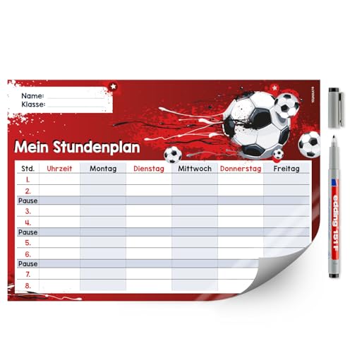 younikat Fußball Stundenplan abwischbar I DIN A4 I Rückseite selbstklebend I Jungen Jungs I mit Stift I Geschenk-Idee rot I dv_644 von younikat