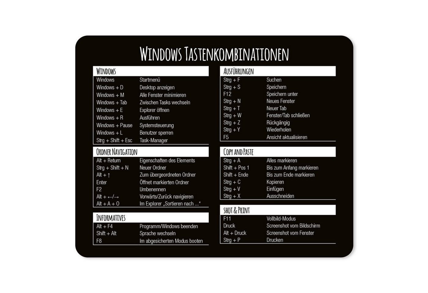 younikat Mauspad Mauspad mit Motiv Windows Tastenkombinationen 24 x 19 cm abwischbar I von younikat