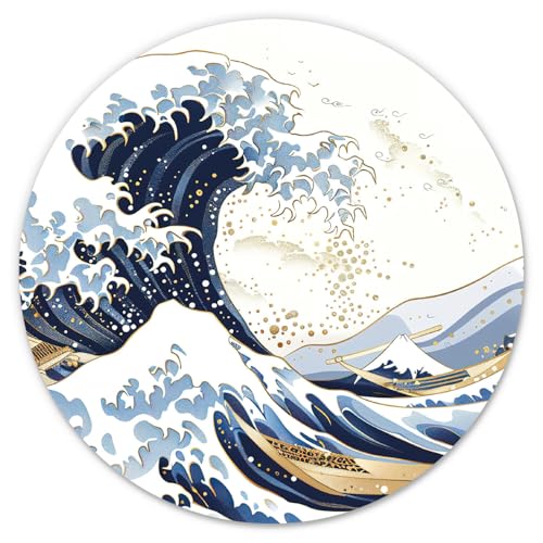 younikat Mauspad mit der großen Welle Motiv I Ø 22 cm rund I Mousepad in Standard-Größe I rutschfest I Japanisch Blau I dv1459 von younikat