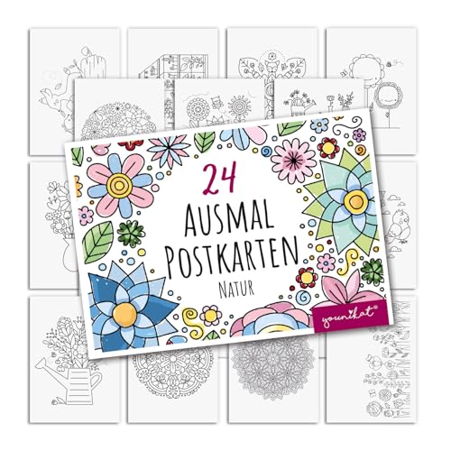 younikat Natur Postkarten zum Ausmalen 24 Stk. I DIN A6 I Kinder Erwachsene I zum Selbstgestalten I Blumen Tiere I dv1545 von younikat