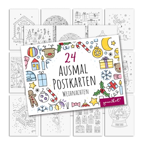 younikat Weihnachten Postkarten zum Ausmalen 24 Stk. I DIN A6 I Kinder Erwachsene I zum Selbstgestalten I Advent Kreativ I dv1531 von younikat