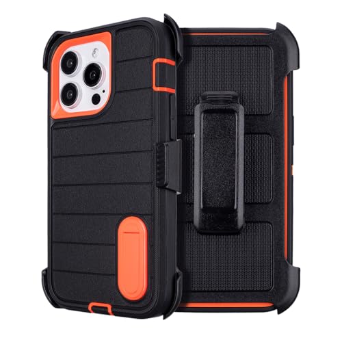 Yowtrey Schutzhülle für iPhone 13 Pro Max mit Gürtelclip, strapazierfähig, stoßfest, 3 Schichten, robuste, militärische Qualität, Schutzhülle mit Clip (Schwarz + Orange) von yowtrey
