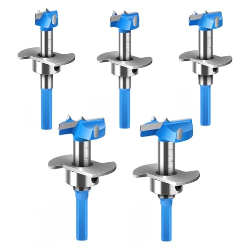 Yuentoen 5 Stück Forstnerbohrer Set,Verstellbar Positionierbohrer, Forstner Bit Holzbohrer 15/20/25/30/35mm, Scharnierlochbohrer mit Tiefenanschlag(10-30mm),für Holzbearbeitung Mehrzweckbohrer von yuentoen