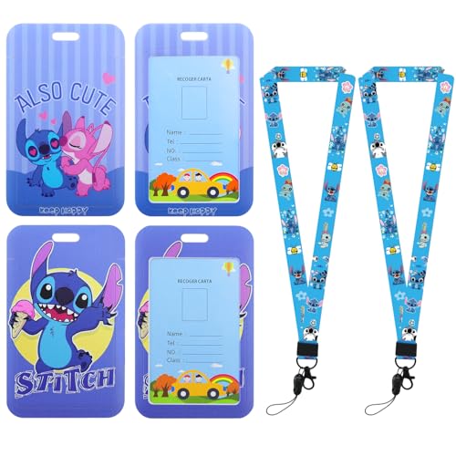 2 stücke Lanyard mit Ausweishalter, Card Sleeves Lanyard mit Transparentem ID Kartenhalter Schlüsselring Stitch Schlüsselband Kinder mit Abzeichen Hülle Schülerausweis Handys Blau Kartenhülle von yumcute