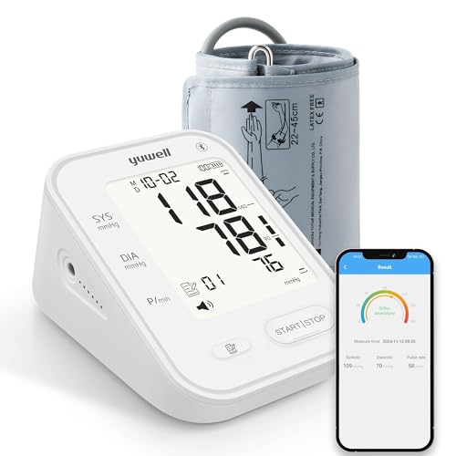 yuwell Oberarm-Blutdruckmessgerät große Manschette für 22-45 cm, mit Bluetooth-Übertragung, Sprachübertragung, Hintergrundbeleuchtetes Display, Wiederaufladbare Batterie (YE650AR) von yuwell