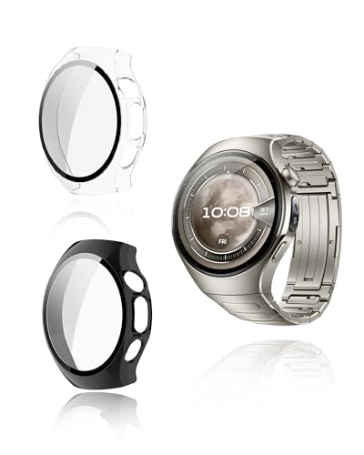 (2 Stück) Schutzhülle für Huawei Watch 5, 46mm Smartwatch, yystao härtere PC-Schutzhülle mit 9H-Glas-Schutzfolie, vollumfassende einheitliche Schutzabdeckung, Schwarz & Transparent von yystao