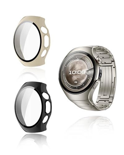 (2 Stück) Schutzhülle für Huawei Watch 5, 46mm Smartwatch, yystao härtere PC-Schutzhülle mit 9H-Glas-Schutzfolie, vollumfassende einheitliche Schutzabdeckung, Schwarz & Weiß von yystao