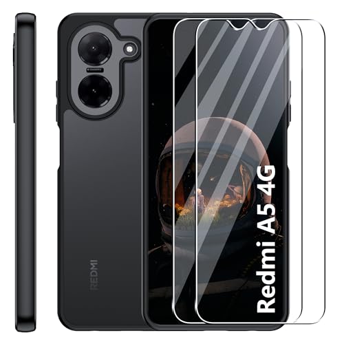 zZjoOoj Handyhülle für Xiaomi Redmi A5 4G Hülle und 2 Stück Panzer Schutz Glas, mit Kameraschutz [Militärnorm Schutz] urchscheinende PC Rückseite TPU Bumper Hülle für Redmi A5 4G -Matt Schwarz von zZjoOoj