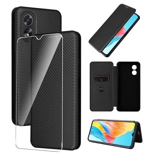 zZjoOoj Hülle für Oppo A18/A38 4G Handyhülle+1 Stück Panzerfolie Schutzfolie,Case Cover in Premium Kohlefaser Klapphülle Handyhülle -Schwarz von zZjoOoj