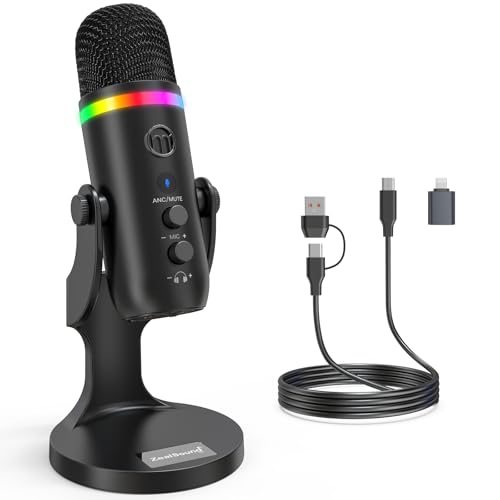 ZealSound USB-Mikrofon, Podcast-Mikrofon mit Geräuschunterdrückung für iPhone, PC, Mac, PS4/5 mit Stummschaltung/Verstärkung/Echo/Überwachung und RGB-Lichtern, Plug & Play für Aufnahme, Streaming, ZealSound USB-Mikrofon, Podcast-Mikrofon mit Geräuschunterdrückung für iPhone, PC, Mac, PS4/5 mit Stummschaltung/Verstärkung/Echo/Überwachung und RGB-Lichtern, Plug & Play für Aufnahme, Streaming, von zealsound
