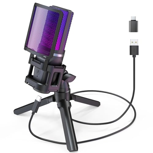 zealsound Gaming USB Mikrofon PC, für Streaming Podcast Studio, für PS4 PS5 Mac Handy, mit Typ-C Adapter, RGB-Steuerung, Stummschalttaste, Stativ, Popfilter & Shockmount, Kopfhöreranschluss von zealsound