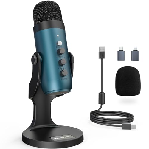 zealsound Mikrofon PC, USB Kondensatormikrofon Gaming für Mac Handy, PS4/5, Studio Mikrofone mit Stumm/Gain/Echo,Adapter für Phone, für Gaming, Podcast, Aufnahmen, Streaming, ASMR, YouTube, k66 Teal von zealsound