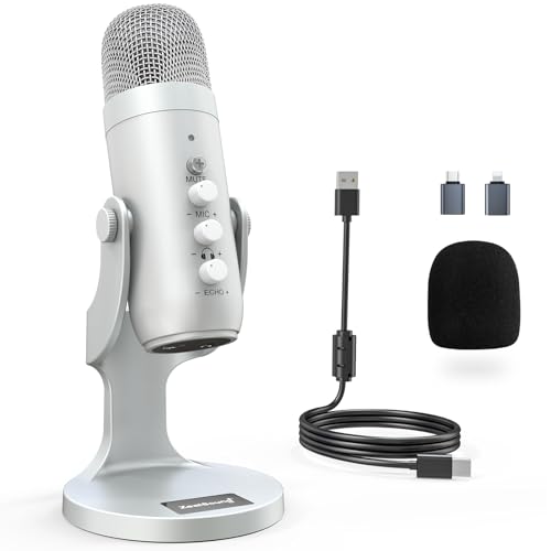 zealsound USB Mikrofon, k66 Silber Podcast Mikrofon für PC Handy PS4&5, mit Noise Cancelling/Stumm/Echo/Volume Knof, für Gaming, Aufnahmen, Streaming, Youtuber, Kompatibel mit Mac, Winows, Android von zealsound