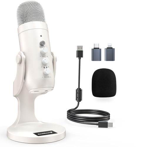 zealsound USB Mikrofon, k66 perlweiß Kondensator Mikrofon für PC Handy, PS4 PS5, Microphone PC USB C für Gaming, Podcast, Aufnahmen, Streaming, mit Stumm/Gain/Echo,Kompatibel mit Mac, Winows von zealsound