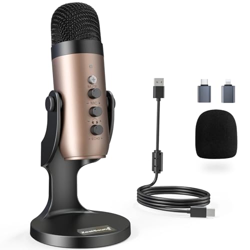 zealsound USB Mikrofon PC, k66 Gold Podcast Mikrofon für PC Handy PS4&5, Kondensator Microphone mit Noise Cancelling/Stumm/Echo für Gaming, Aufnahmen, Streaming, Youtuber, Kompatibel mit Mac, Winows von zealsound