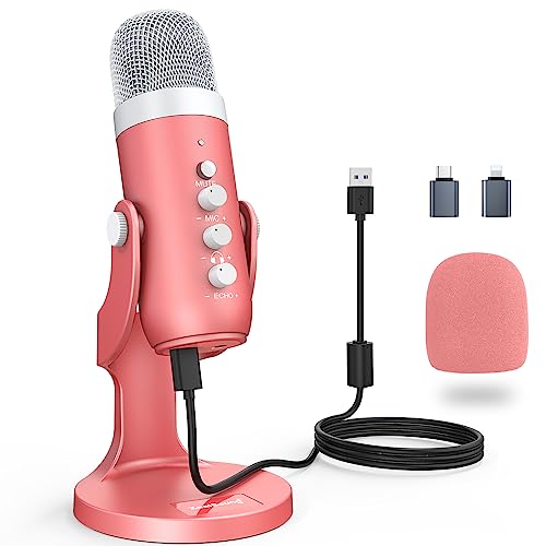 zealsound k66 Mikrofon PC, USB-Gaming für Handy Laptop mit Adapter, Stumm/Echo, Kondensatormikrofon für Aufzeichnung, Streaming, Podcast, Gesangsaufnahme, PS4/5,Twitch, YouTube, Discord-Rosa von zealsound