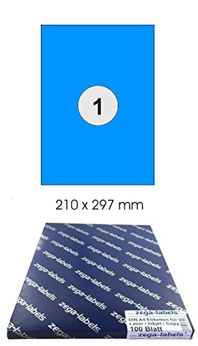 100 Etiketten 210 x 297 mm BLAU selbstklebend auf DIN A4 Bögen (1 Etikett DIN A4) - 100 Blatt Pack - Universell für Laser/Inkjet/Kopierer einsetzbar - 210x297mm 1-teilig von zega-labels