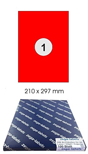 100 Etiketten 210 x 297 mm ROT selbstklebend auf DIN A4 Bögen (1 Etikett DIN A4) - 100 Blatt Pack - Universell für Laser/Inkjet/Kopierer einsetzbar - 210x297mm 1-teilig von zega-labels