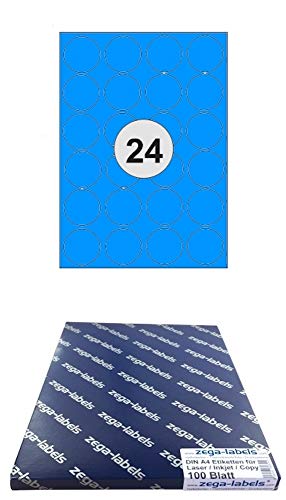 2.400 Etiketten 40 mm rund BLAU selbstklebend auf DIN A4 Bögen (4x6 Etiketten) - 100 Blatt Pack - Universell für Laser/Inkjet/Kopierer/Farblaser einsetzbar - 40mm Durchmesser 24-teilig von zega-labels