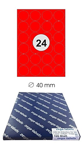 2.400 Etiketten 40 mm rund ROT selbstklebend auf DIN A4 Bögen (4x6 Etiketten) - 100 Blatt Pack - Universell für Laser/Inkjet/Kopierer/Farblaser einsetzbar - 40mm Durchmesser 24-teilig von zega-labels