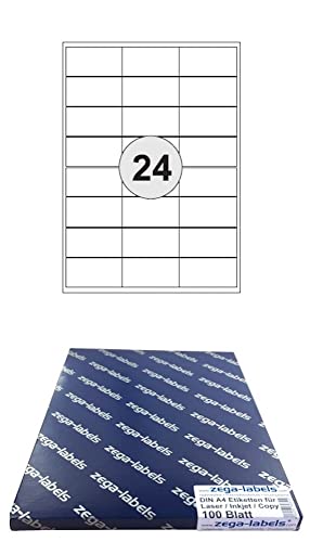 2.400 Etiketten 64,6 x 33,8 mm selbstklebend auf DIN A4 Bögen (3x8 Etiketten) - 100 Blatt Pack - Universell für Laser/Inkjet/Kopierer/Farblaser einsetzbar - 64x33mm 24-teilig von zega-labels