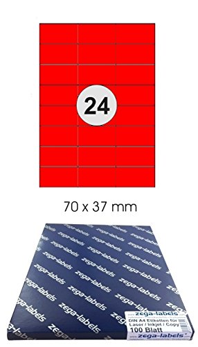 2.400 Etiketten 70 x 37 mm ROT selbstklebend auf DIN A4 Bögen (3x8 Etiketten) - 100 Blatt Pack - Universell für Laser/Inkjet/Kopierer einsetzbar - 70x37mm 24-teilig von zega-labels