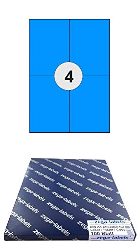400 Etiketten 105 x 148 mm BLAU selbstklebend auf DIN A4 Bögen (2x2 Etiketten) - 100 Blatt Pack - Universell für Laser/Inkjet/Kopierer/Farblaser einsetzbar - 4-teilig von zega-labels