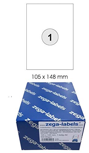 500 Etiketten 105 x 148 mm selbstklebend einzeln = DIN A6 Bögen (1x1 Etikett DIN A6) - 500 Blatt BigPack - Unviersell für Laser/Inkjet/Kopierer einsetzbar - Adressetiketten 148 x 105 mm einzeln von zega-labels