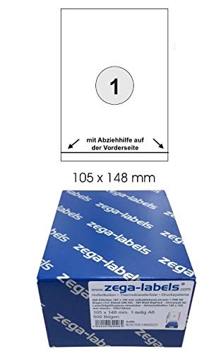 500 Etiketten 105 x 148 mm selbstklebend einzeln - mit Abziehhilfe vorne = DIN A6 Bögen (1x1 Etikett DIN A6) - 500 Blatt BigPack - Universell für Laser/Inkjet/Kopierer einsetzbar - Adressetiketten von zega-labels
