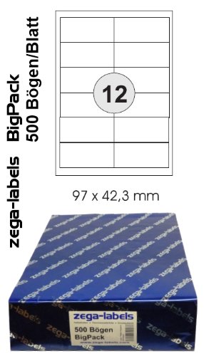 6.000 Etiketten 97 x 42,3 mm selbstklebend auf DIN A4 Bögen (2x6 Etiketten) - 500 Blatt Bigpack - Universell für Laser/Inkjet/Kopierer einsetzbar - 97 x 42 mm von zega-labels
