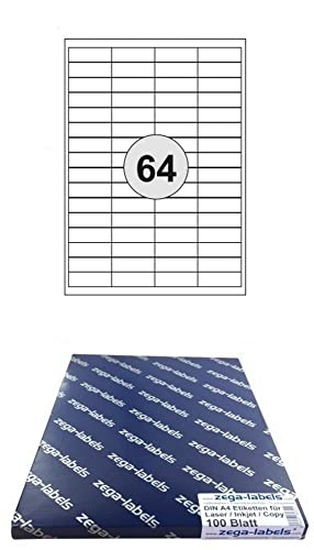 6.400 Etiketten 48,5 x 16,9 mm selbstklebend auf DIN A4 Bögen (4x16 Etiketten) - 100 Blatt Pack - Universell für Laser/Inkjet/Kopierer/Farblaser einsetzbar - 48x16mm 64-teilig von zega-labels