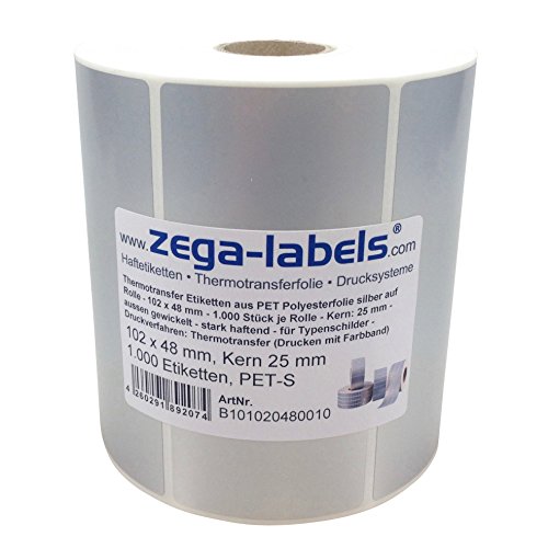 Polyester Thermotransfer Etiketten auf Rolle - 102 x 48 mm - aus PET Polyesterfolie silber für Typenschilder - 1.000 Stück je Rolle - Kern: 25 mm - aussen gewickelt - stark haftend - Druckverfahren: Thermotransfer (Drucken mit Farbband) von zega-labels