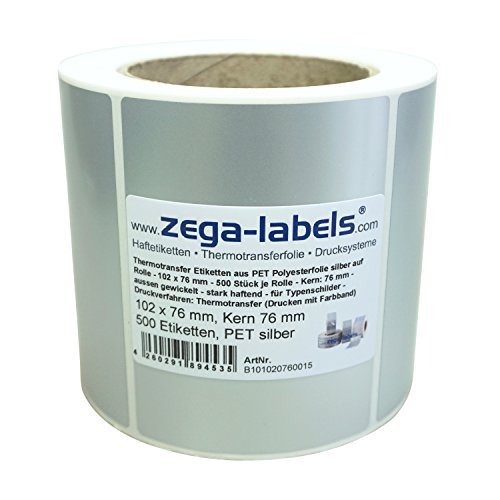 Polyester Thermotransfer Etiketten auf Rolle - 102 x 76 mm - aus PET Polyesterfolie silber für Typenschilder - 500 Stück je Rolle - Kern 76 mm - Druckverfahren: Thermotransfer (Drucken mit Farbband) von zega-labels
