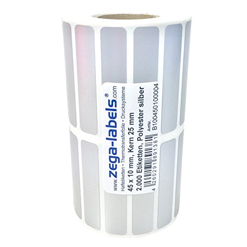 Polyester Thermotransfer Etiketten auf Rolle - 45 x 10 mm - aus PET Polyesterfolie silber für Typenschilder - 2.000 Stück je Rolle - Kern: 25 mm - aussen gewickelt - stark haftend - Druckverfahren: Thermotransfer (Drucken mit Farbband) von zega-labels