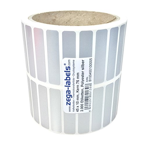 Polyester Thermotransfer Etiketten auf Rolle - 45 x 10 mm - aus PET Polyesterfolie silber für Typenschilder - 2.000 Stück je Rolle - Kern: 76 mm - aussen gewickelt - stark haftend - Druckverfahren: Thermotransfer (Drucken mit Farbband) von zega-labels